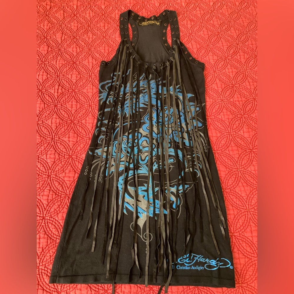 RARE Y2K ED HARDY METALLIC DRAGON TATTOO GROMMET FRINGE RACERBACK TANK DRESS XS